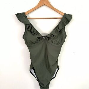 Summer Mae Maternity Swimsuit One Piece Olive Green Ruffle Beach Ruched Stretch